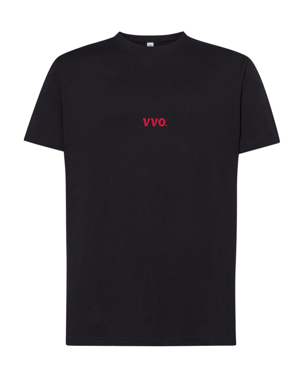 Camiseta negra, delante: logo VVO. pequeño